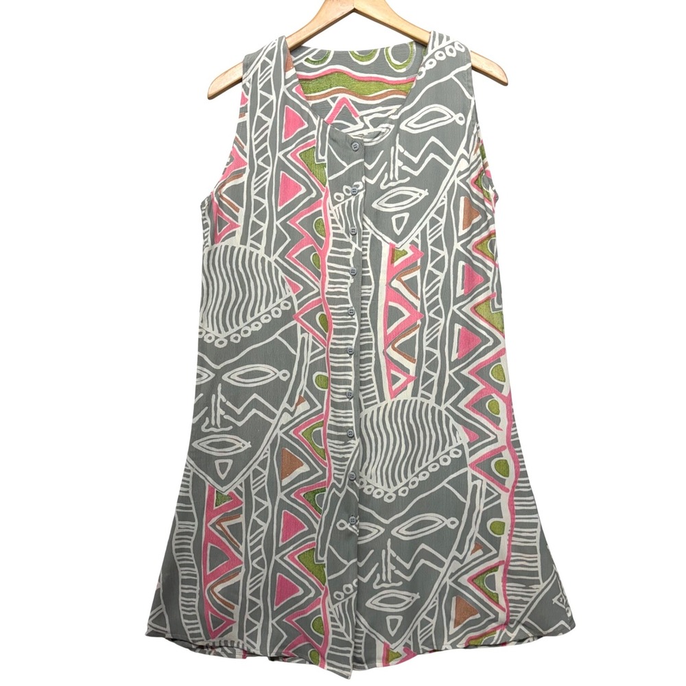 VTG Tribal Mask Print Rayon Shift Dress Grey Pink Sleeveless Button Down NWT M
